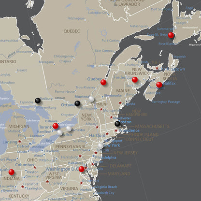 Closeup of the Northeast US on North America Map with Pins