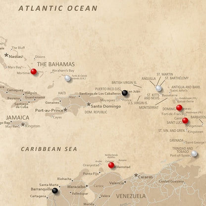 Closeup of the Caribbean on Vintage North America Travel Map with Pins