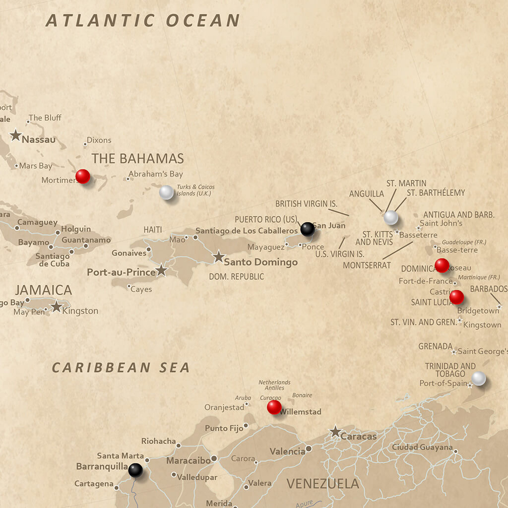 Closeup of the Caribbean on Vintage North America Travel Map with Pins
