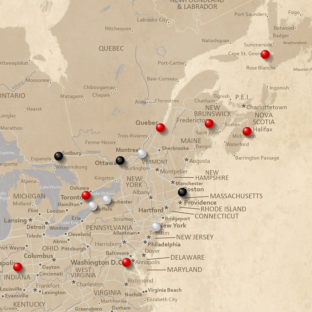 Closeup of Northeast USA on Vintage North America Travel Map