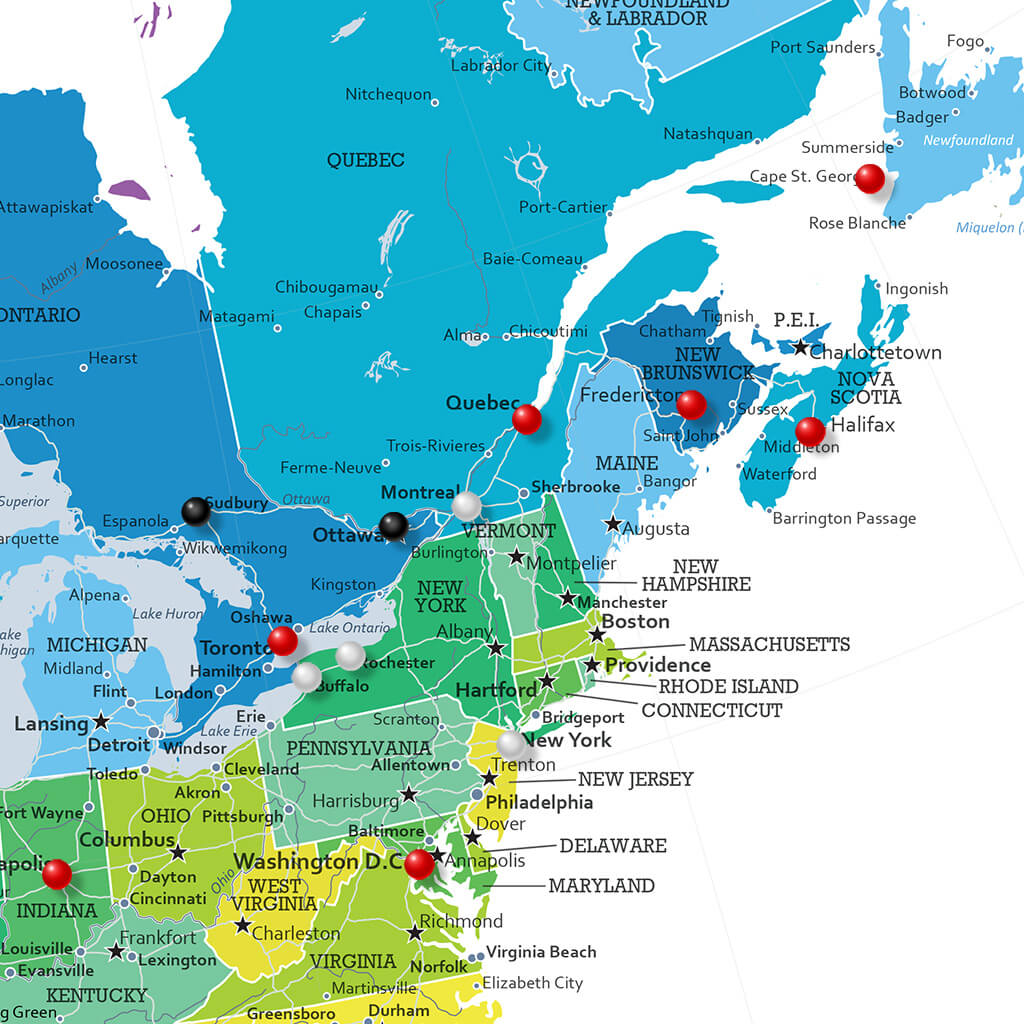 Closeup of Colorful North America Push Pin Travel Map