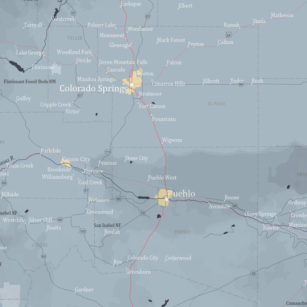 Push Pin Travel Maps Colorado Slate Map with pins Closeup of Colorado Springs