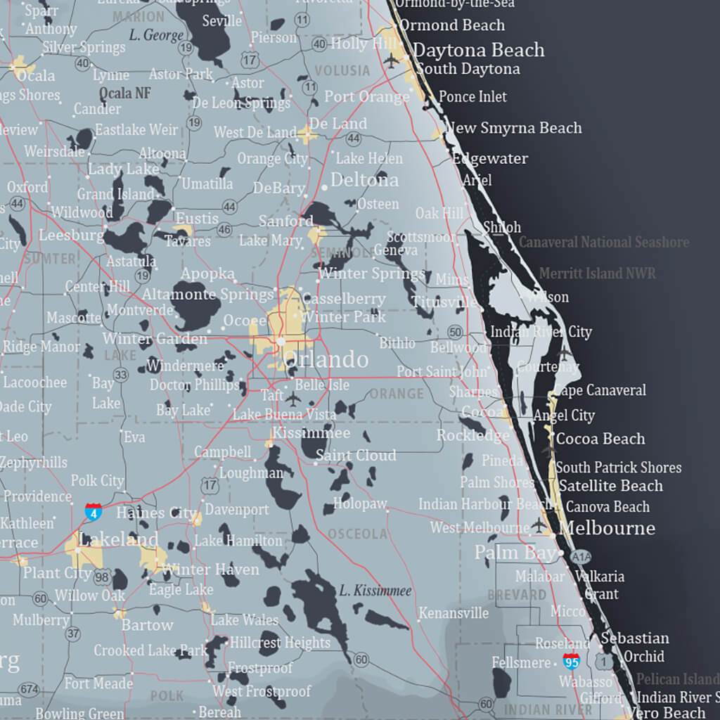 Push Pin Travel Maps Florida Slate  Map Closeup of Orlando