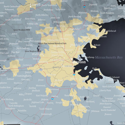 Push Pin Travel Maps Massachusetts Slate Map Closeup of Boston
