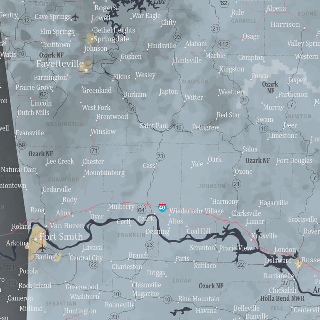 Closeup of Slate Arkansas Push Pin Travel Map