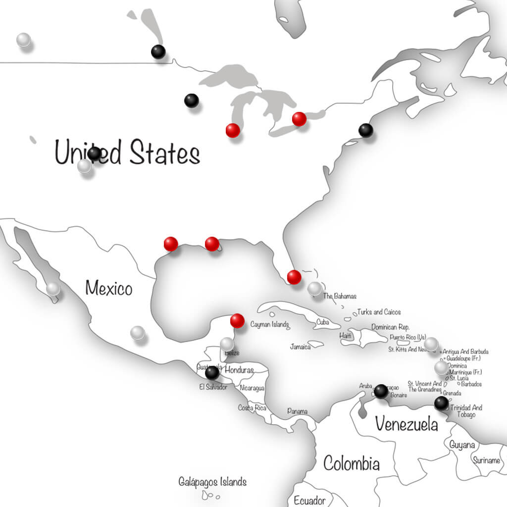 Closeup of USA and Caribbean