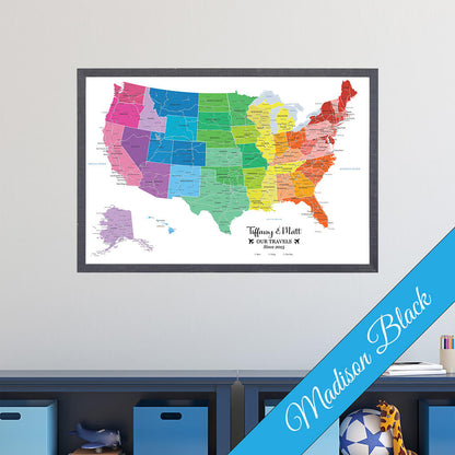 Canvas Colorful USA Travel Map with Madison Black Frame Frame