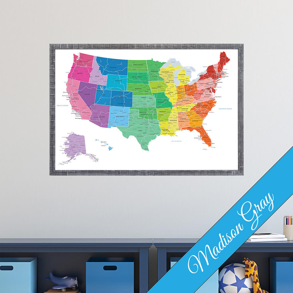 Canvas Colorful USA Travel Map with Madison Gray  Frame