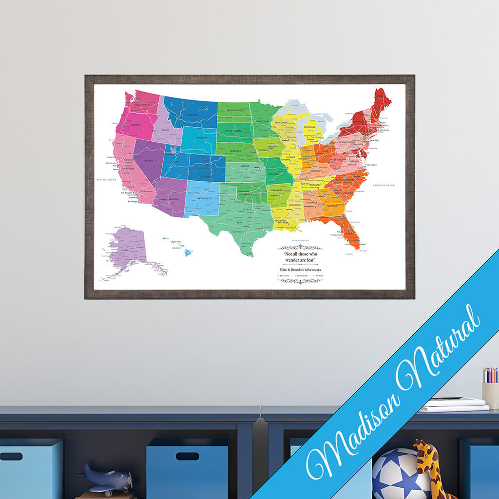 Canvas Colorful USA Travel Map with Madison Natural Brown  Frame