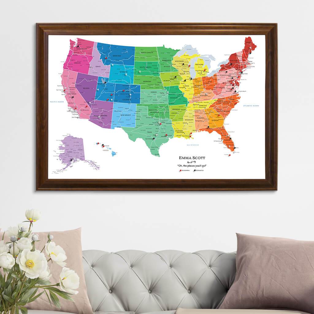 Colorful US Pin Map on Canvas in Brown Frame