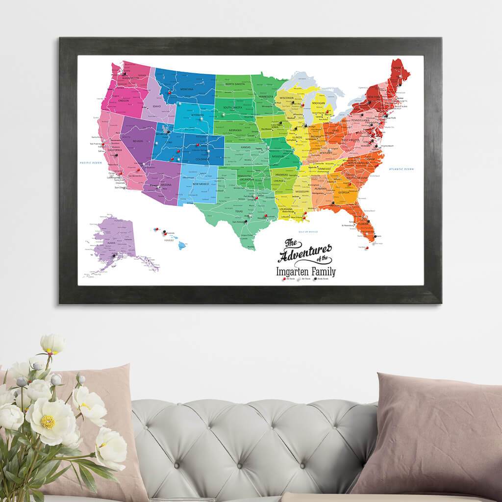 Canvas Colorful USA Travel Map with Rustic Black Frame