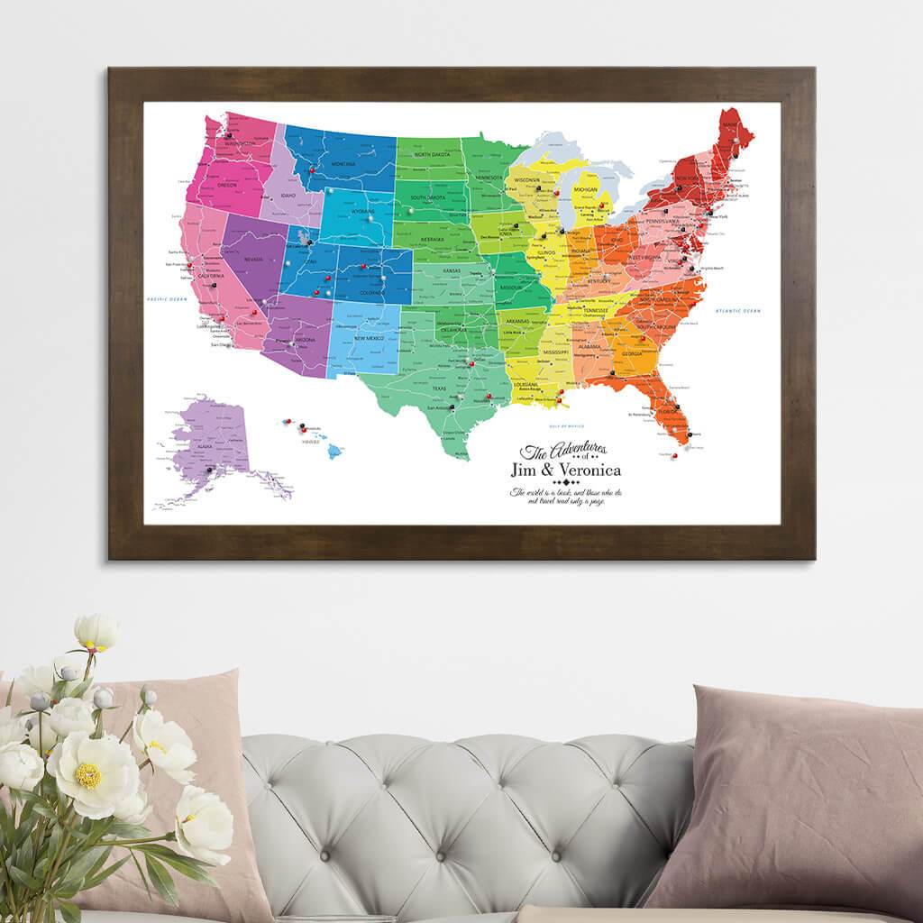 Canvas Colorful Canvas USA Push Pin Travel Map with Rustic Brown Frame