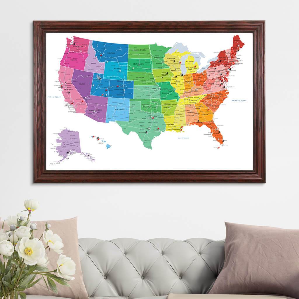 Canvas Colorful USA Travel Map with Solid Wood Cherry Frame