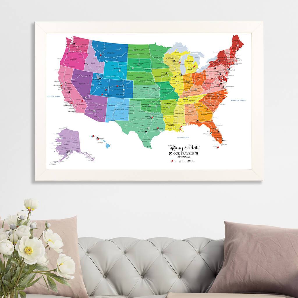 Canvas Colorful USA Travel Map with Textured White Frame