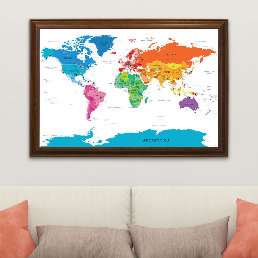 Colorful World Travel Pin Map with Brown Frame