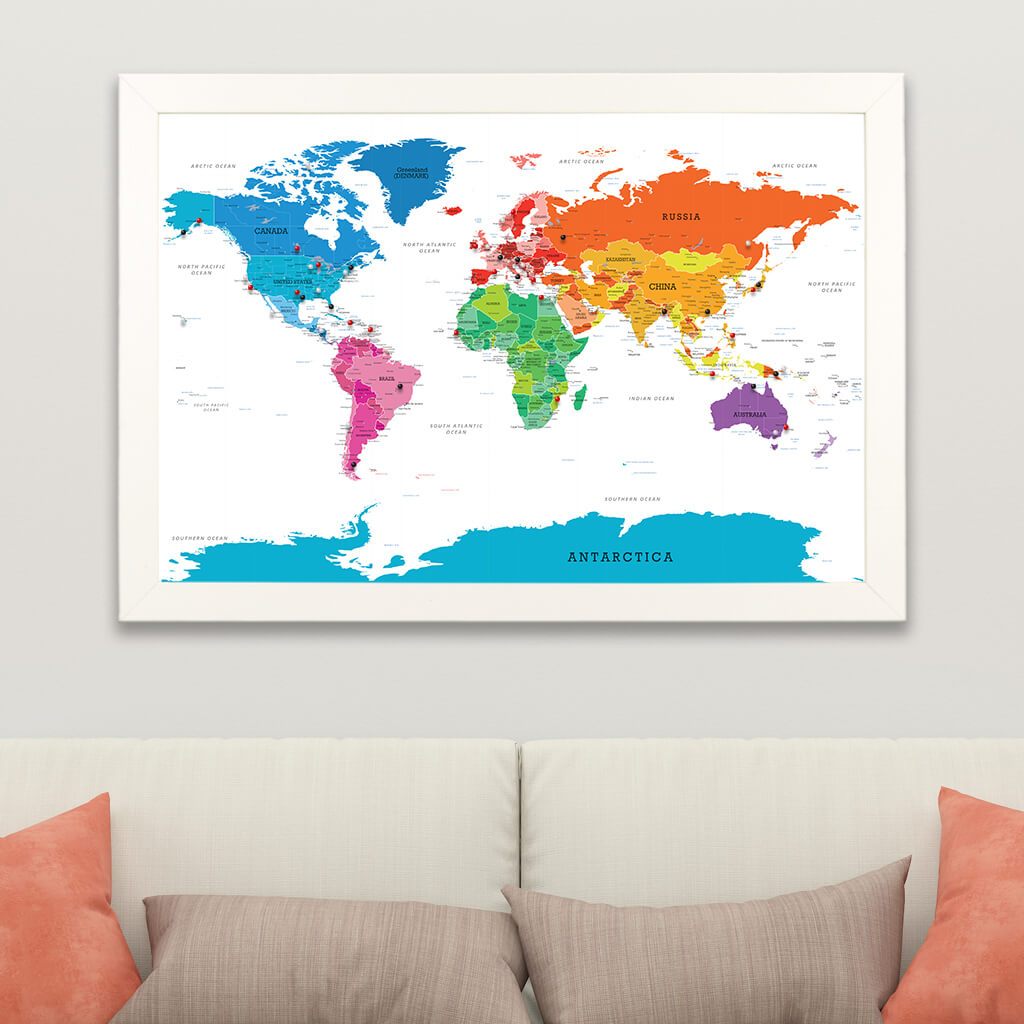 Push Pin Travel Maps Colorful World Map in Textured White Frame