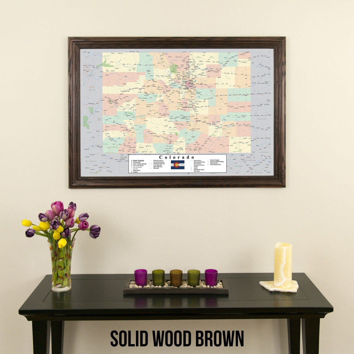 Colorado Push Pin Travel Map in Solid Wood Brown Frame
