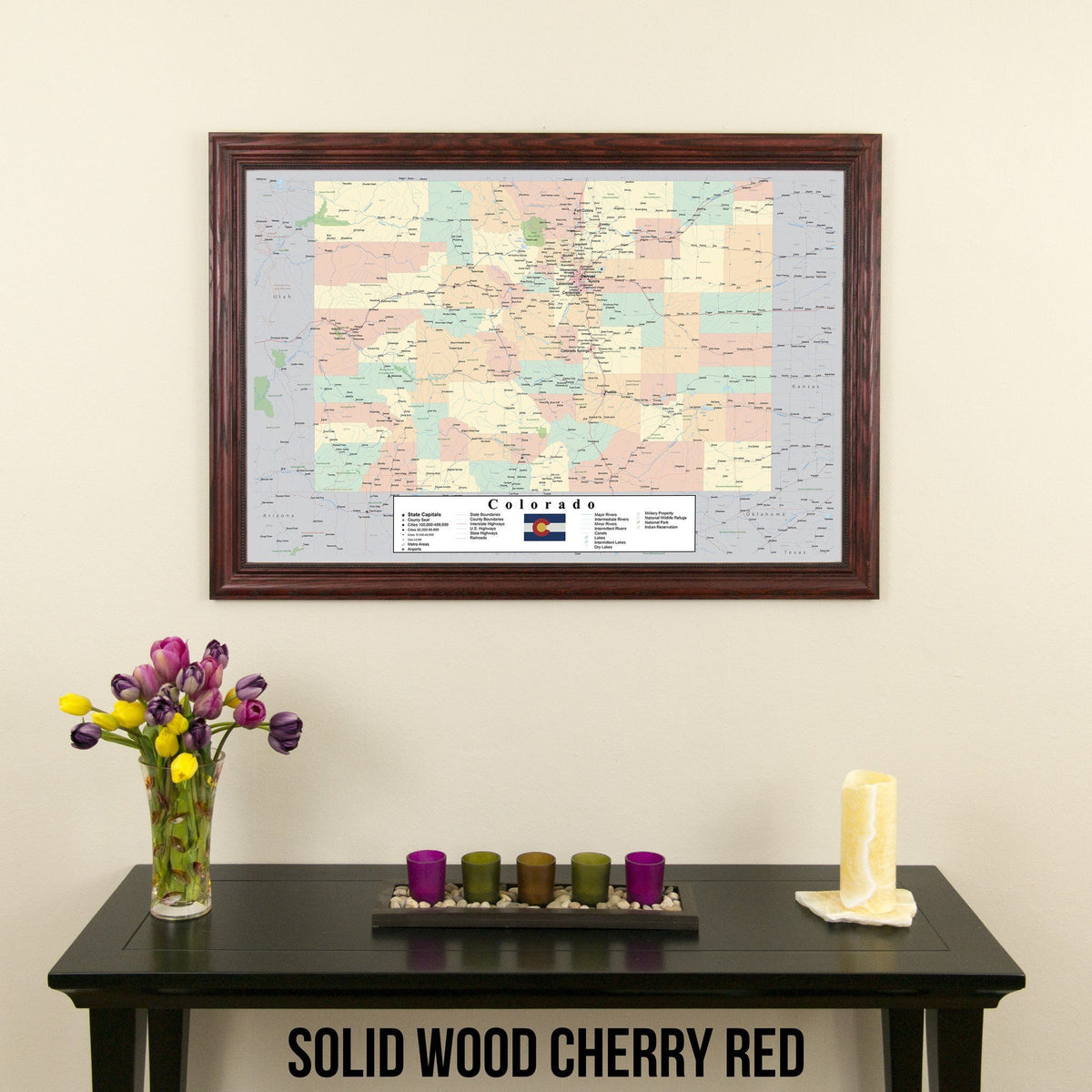 Colorado Push Pin Travel Map in Solid Wood Cherry Red Frame