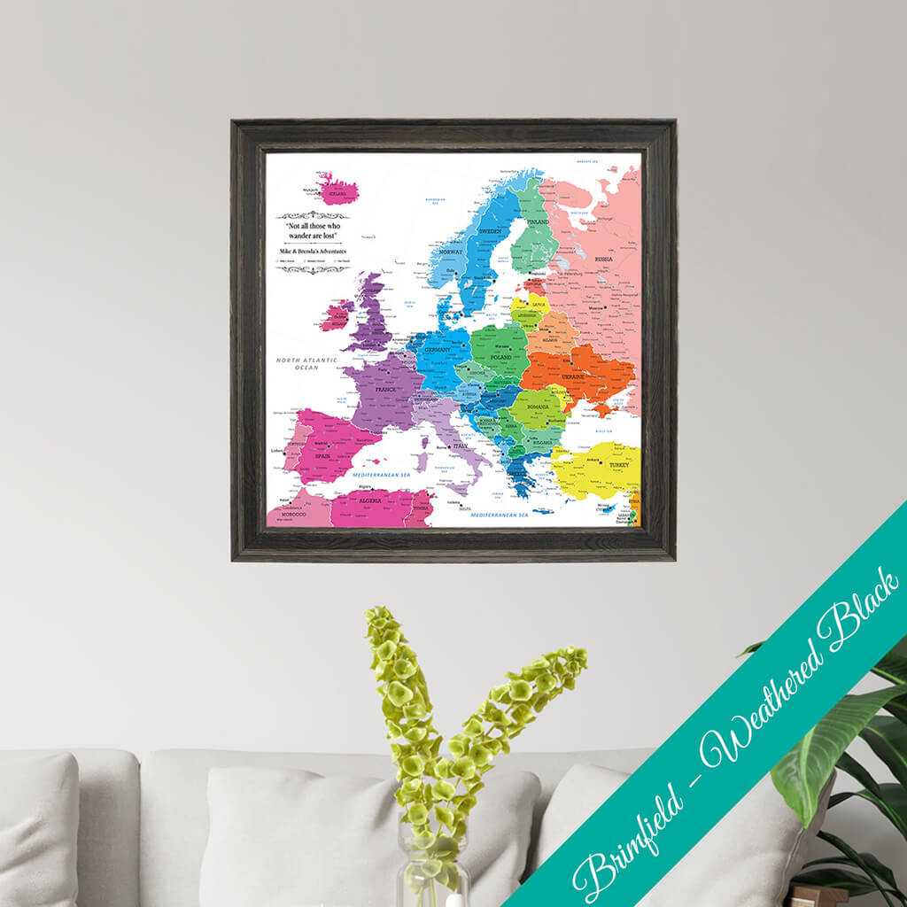 Framed Canvas Colorful Europe Push Pin Travel Map - Square -  Brimfield Black Frame