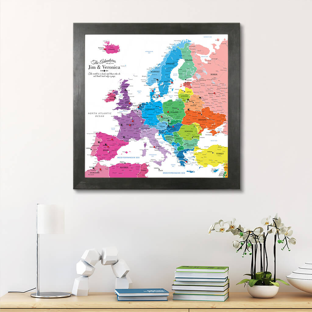 Framed Canvas Colorful Europe Push Pin Travel Map - Square -  Rustic Black Frame
