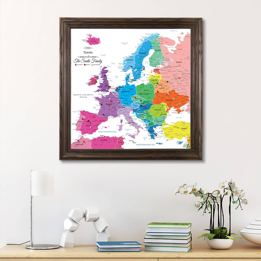 Framed Canvas Colorful Europe Push Pin Travel Map - Square -  Solid Wood Brown Frame