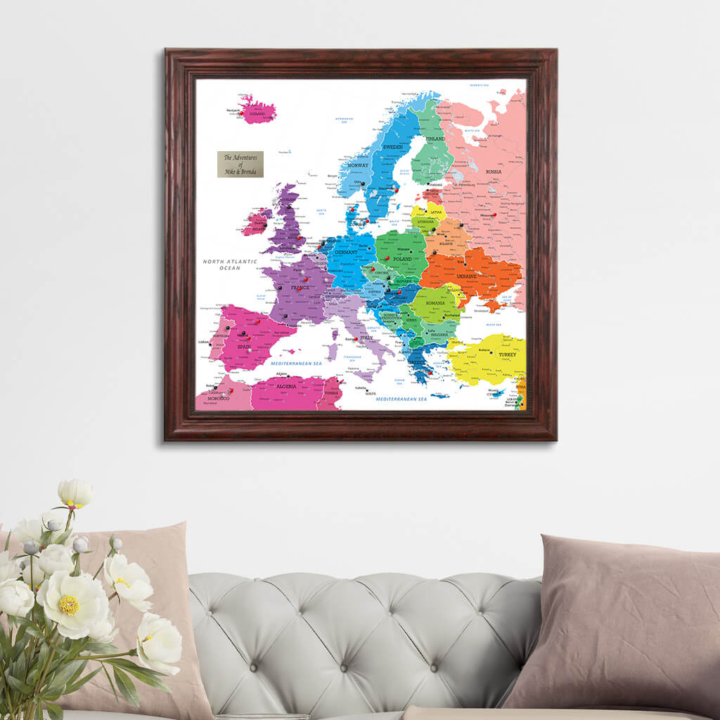 Square Colorful Europe Push Pin Travel Map - Solid Wood Cherry Frame