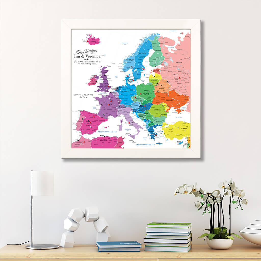 Framed Canvas Colorful Europe Push Pin Travel Map - Square -  Textured White Frame