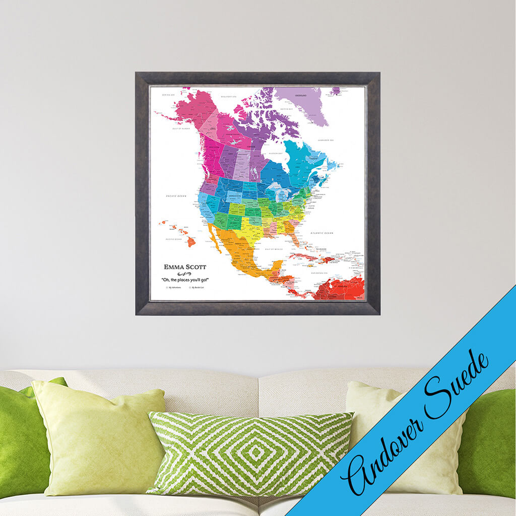 Canvas Colorful North America Travel Map in Andover Suede Premium Frame