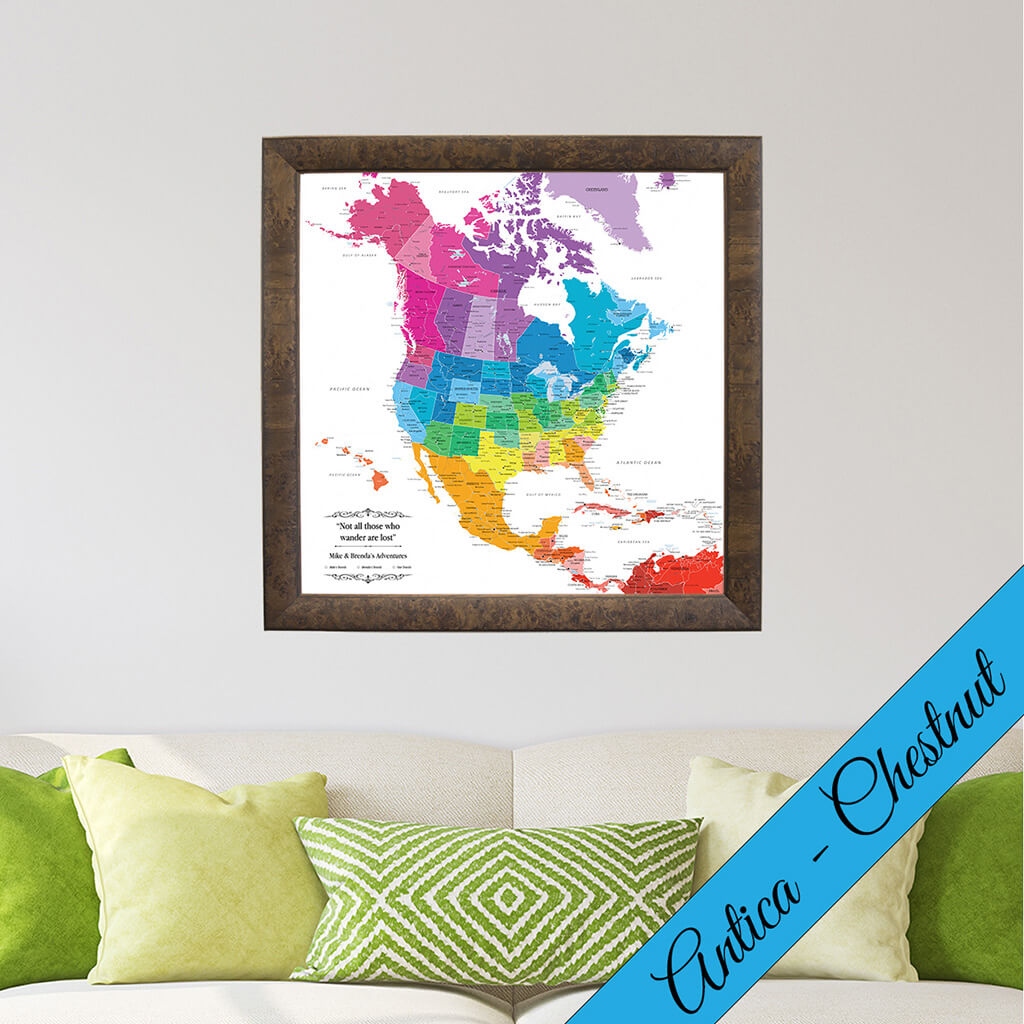 Canvas Colorful North America Travel Map in Antica Chestnut Premium Frame