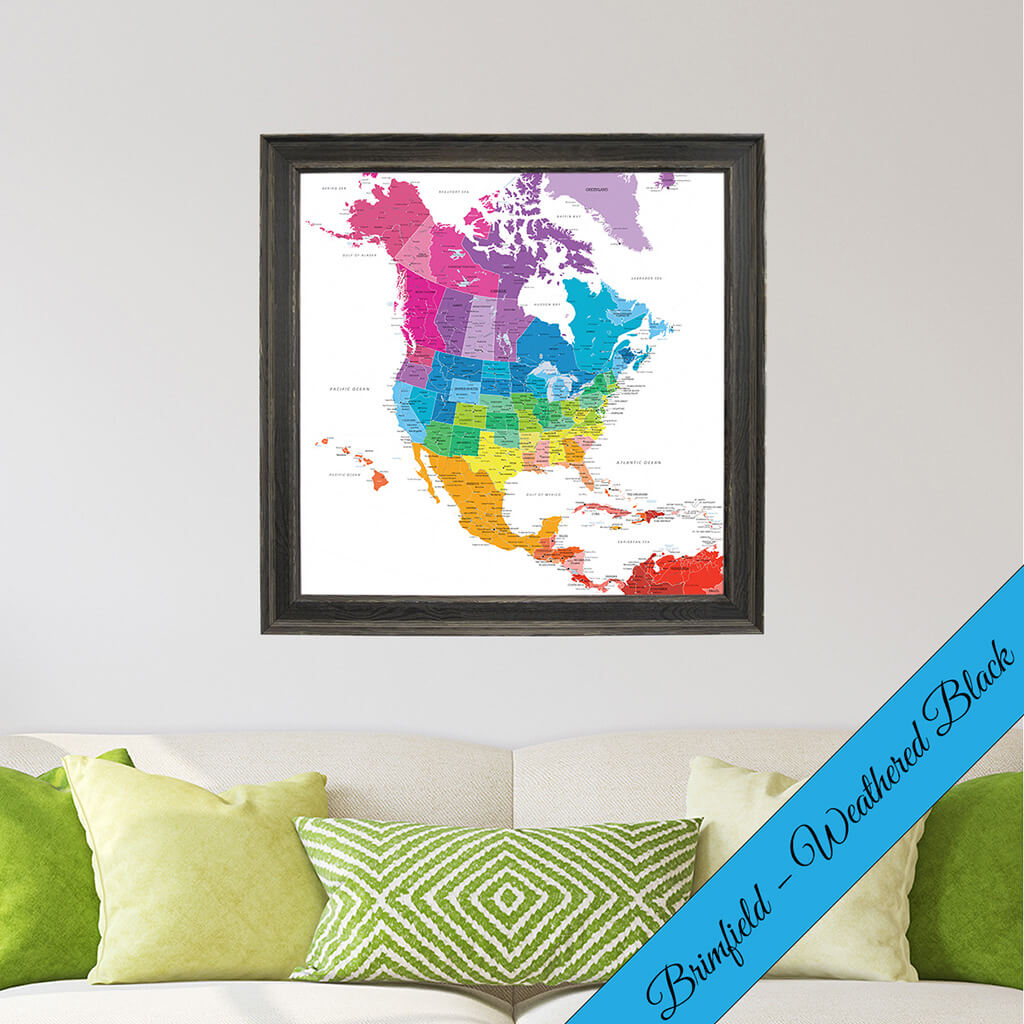 Canvas Colorful North America Travel Map in Brimfield Black Premium Frame