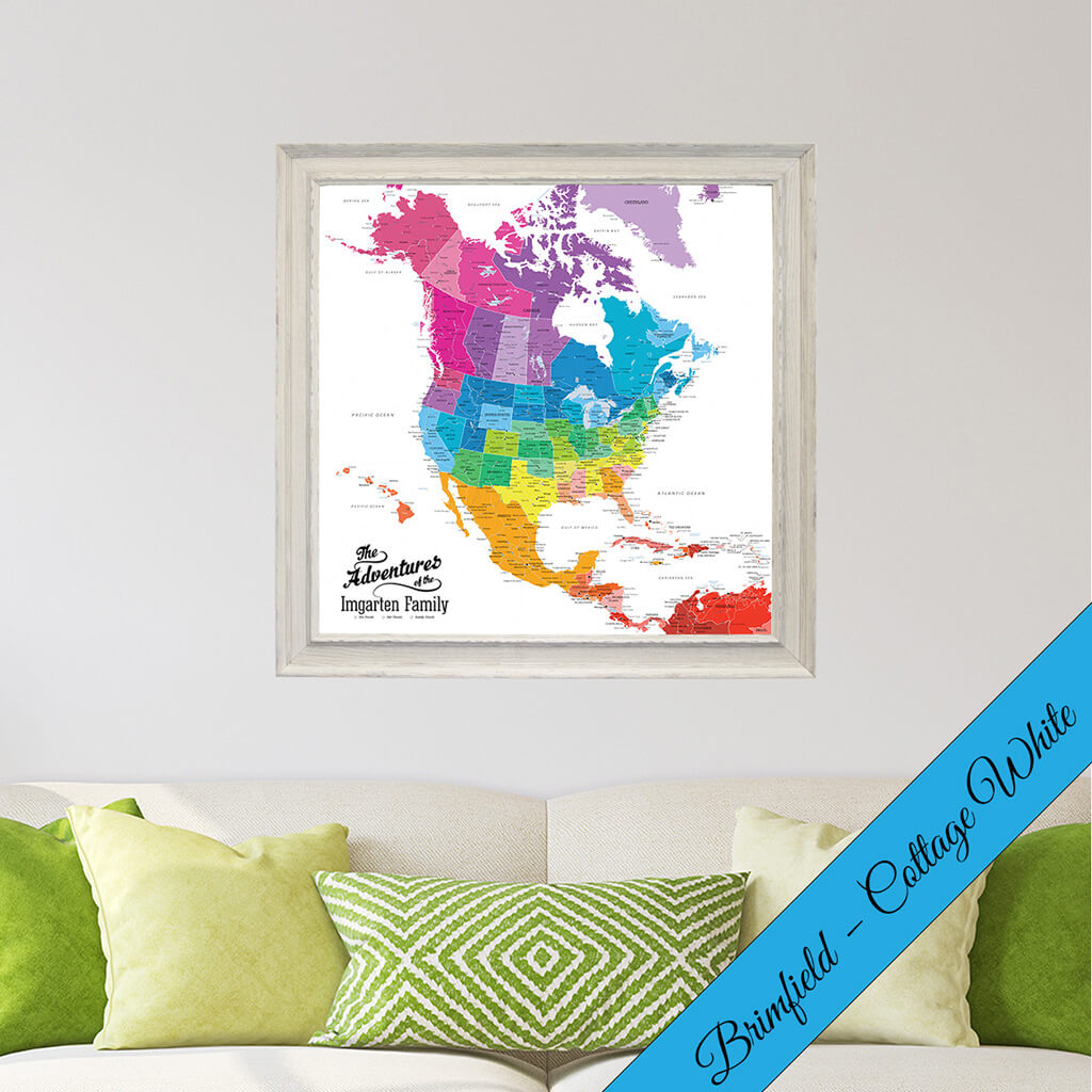 Canvas Colorful North America Travel Map in Brimfield White Premium Frame