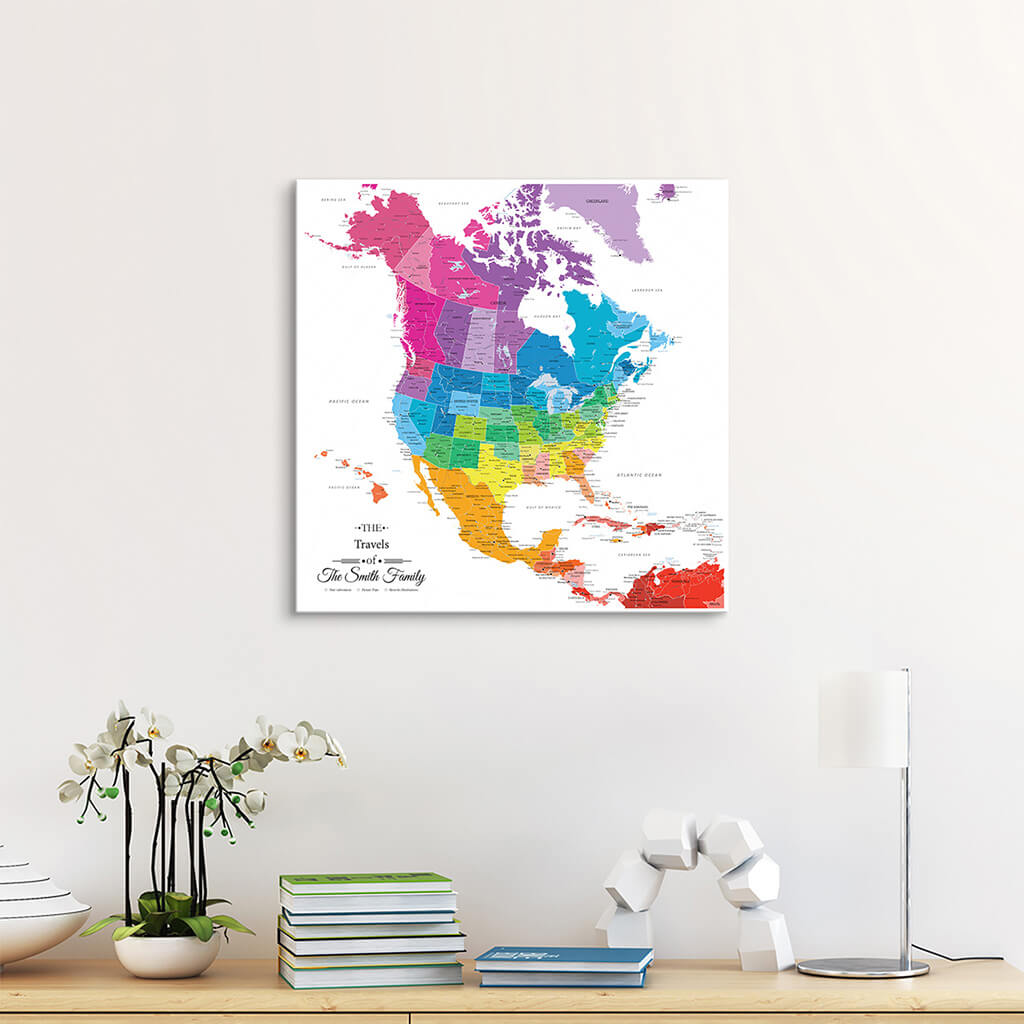 Canvas Gallery Wrapped Colorful North America Map with Pins