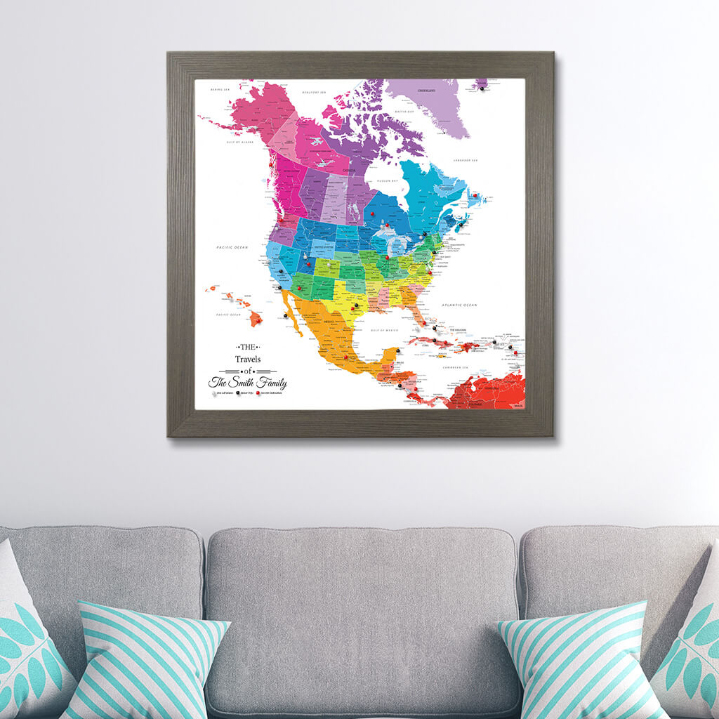 Canvas Colorful North America Travel Map in Barnwood Gray Frame