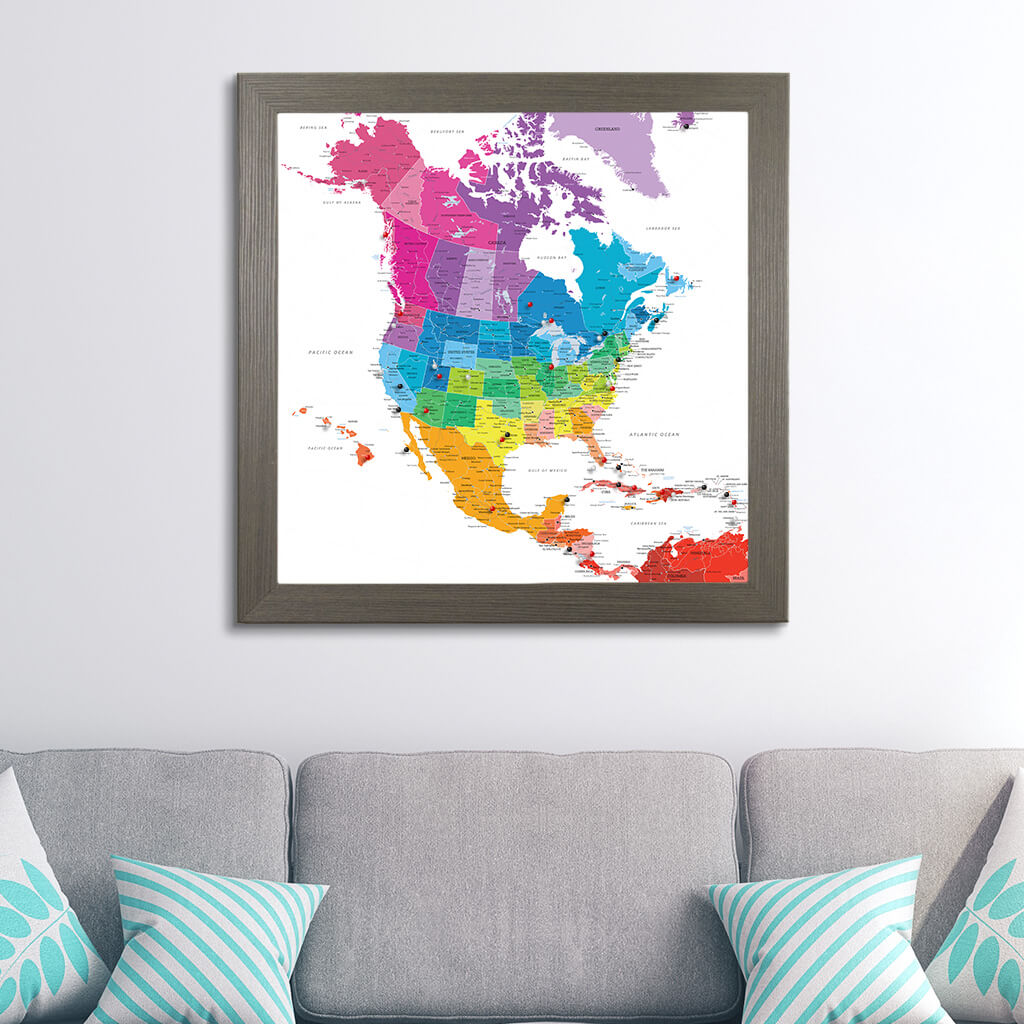 Colorful North America Push Pin Travel Map in Barnwood Gray Frame