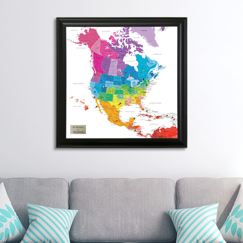Colorful North America Push Pin Travel Map in Black Frame
