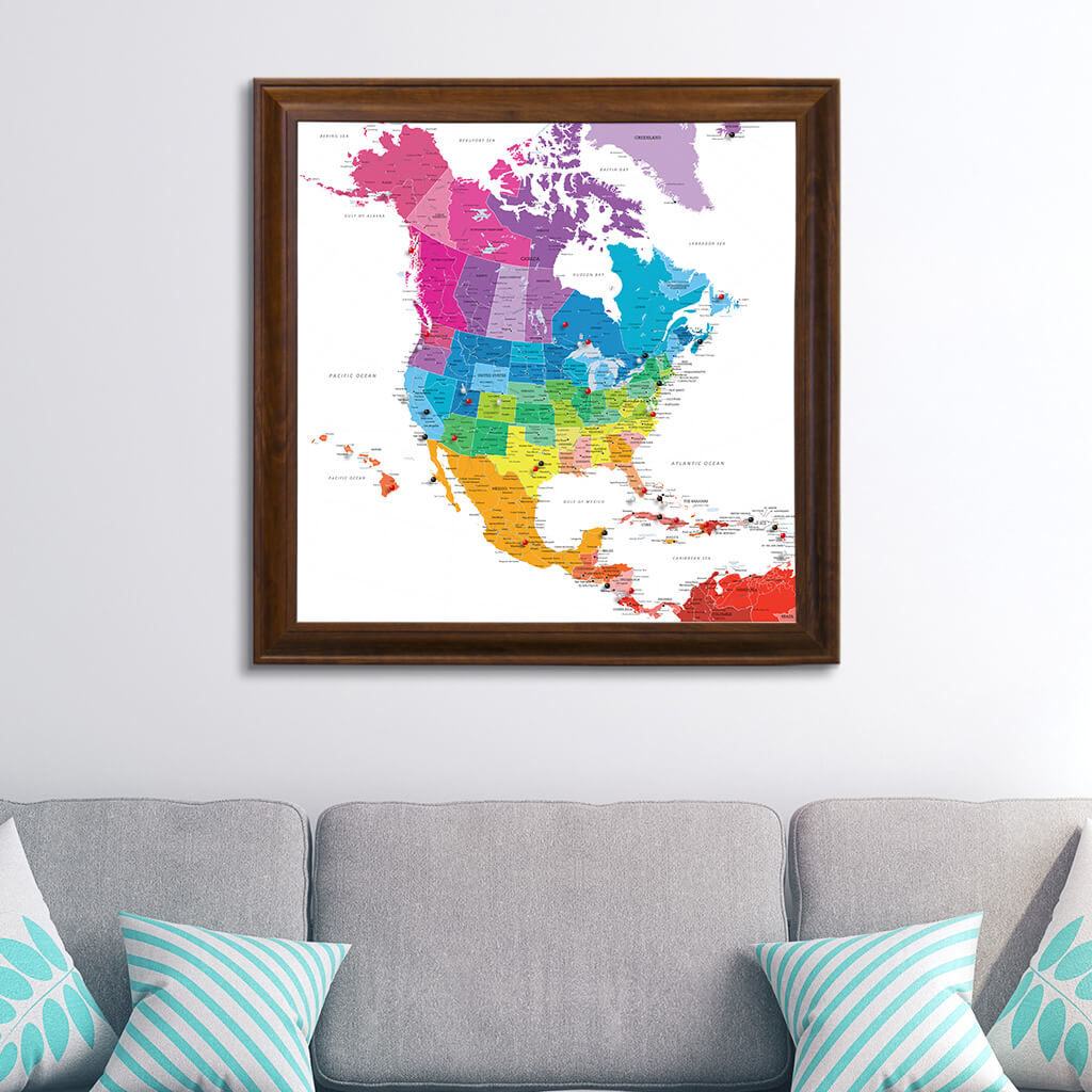 Colorful North America Push Pin Travel Map in Brown Frame