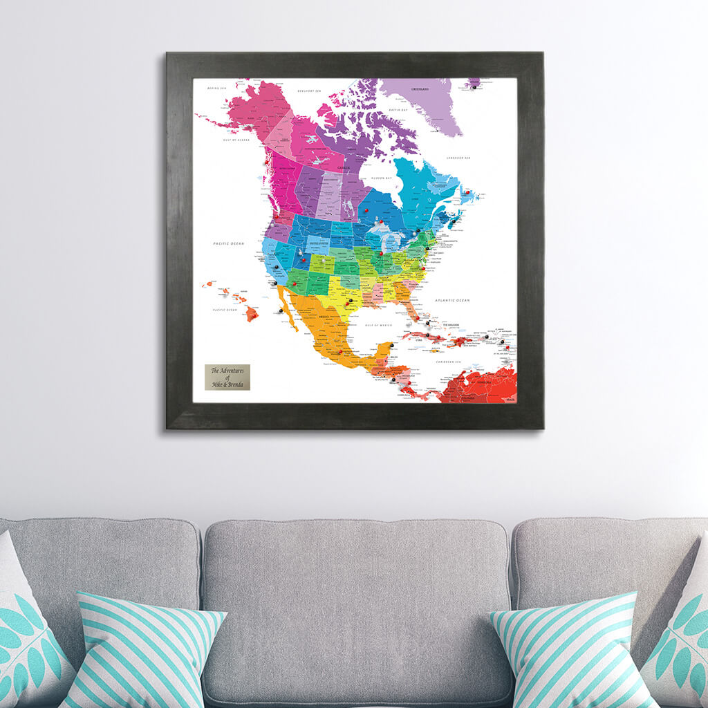 Colorful North America Push Pin Travel Map in Rustic Black Frame