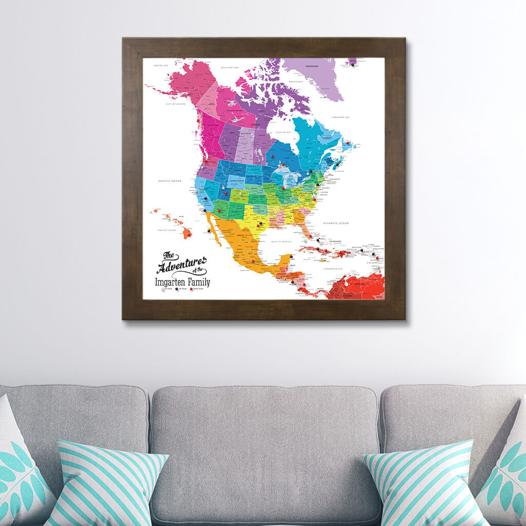Canvas Colorful North America Travel Map in Rustic Brown Frame