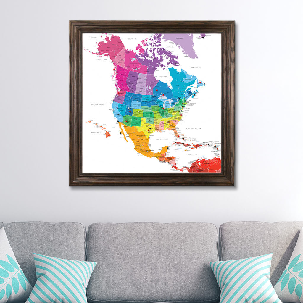 Canvas Colorful North America Travel Map in Solid Wood Brown Frame