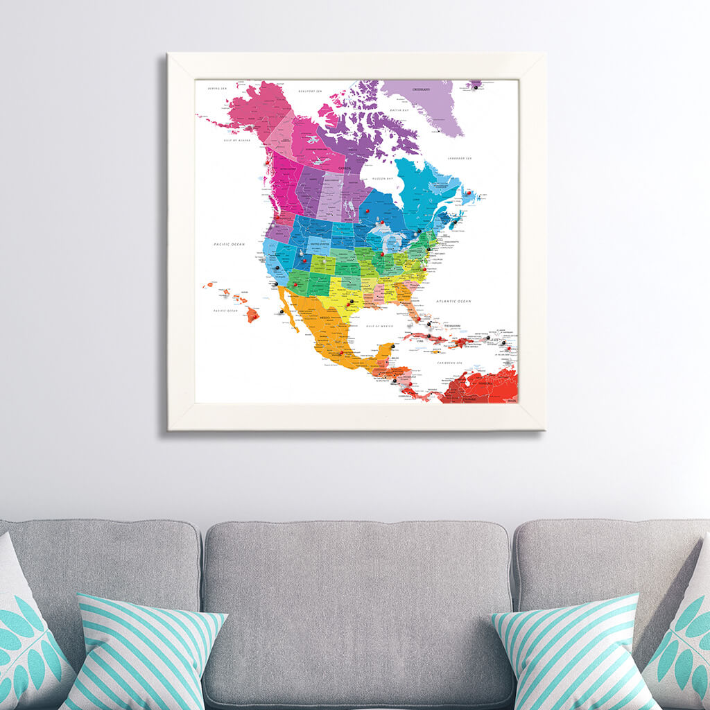 Canvas Colorful North America Travel Map in Textured White Frame