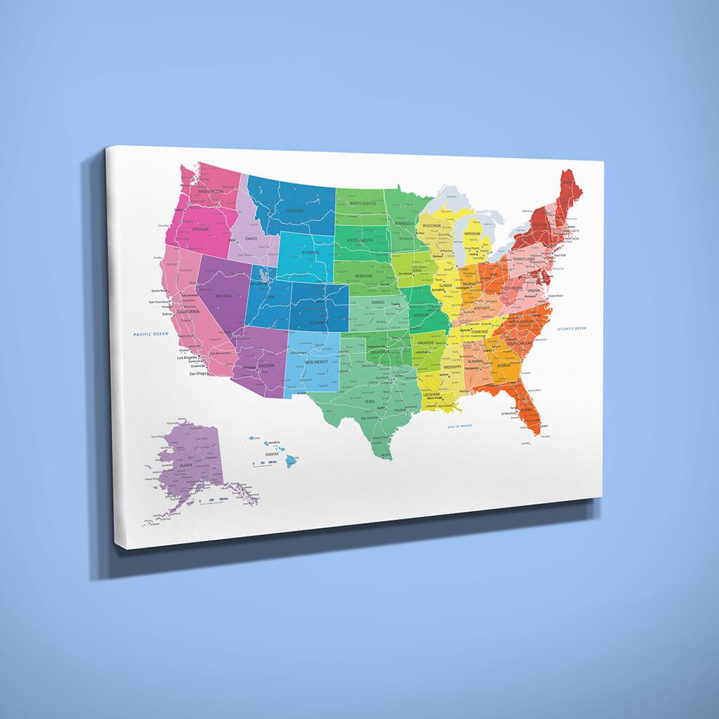 Gallery Wrapped Canvas Colorful USA Travel Map Side View