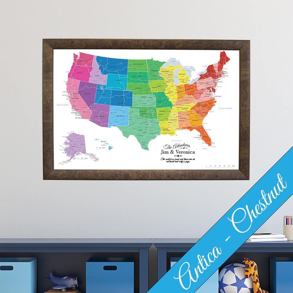 Canvas Colorful USA Travel Map with Antica Chestnut  Frame