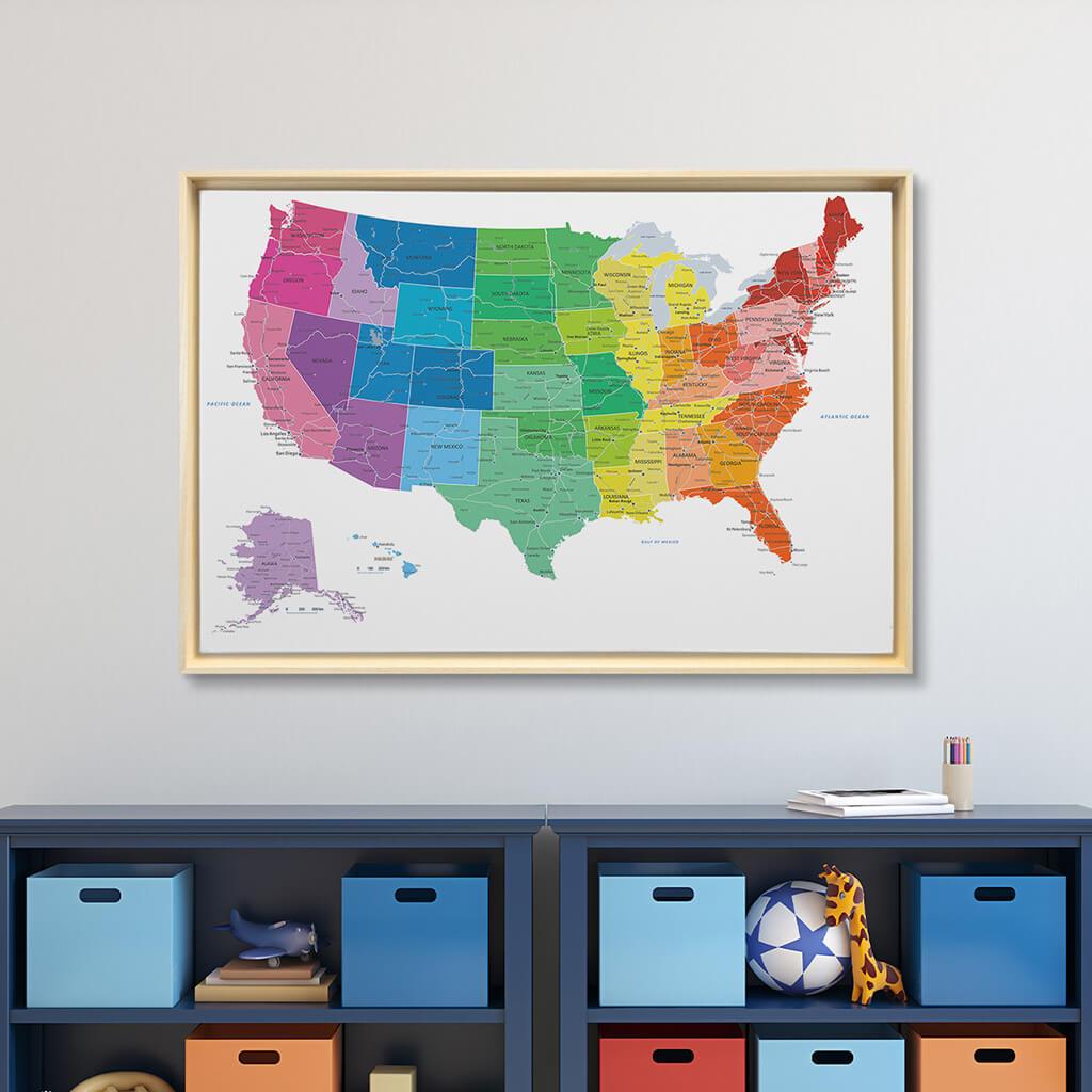 Natural Tan Float Frame -24x36 Gallery Wrapped Canvas Colorful USA Travel Map