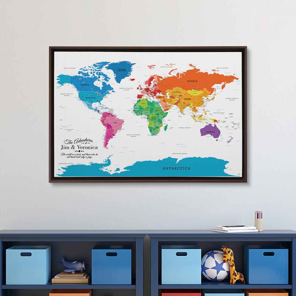 Brown Float Frame - 24x36 Gallery Wrapped Colorful World Push Pin Travel Map