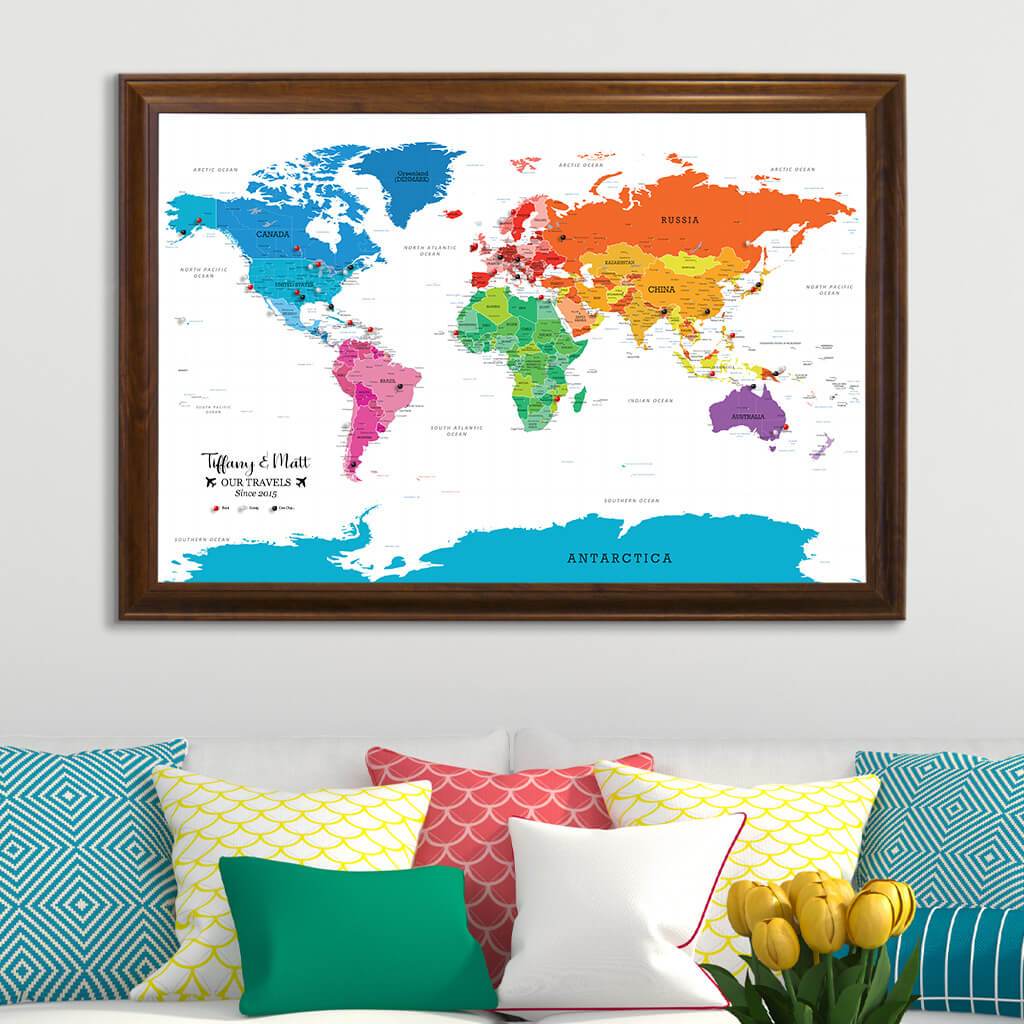 Canvas Colorful World Map in Brown Frame