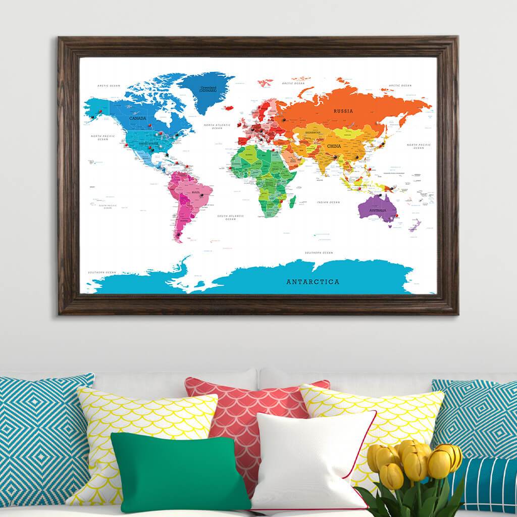 Colorful World Canvas Map with Pins Solid Wood Brown Frame