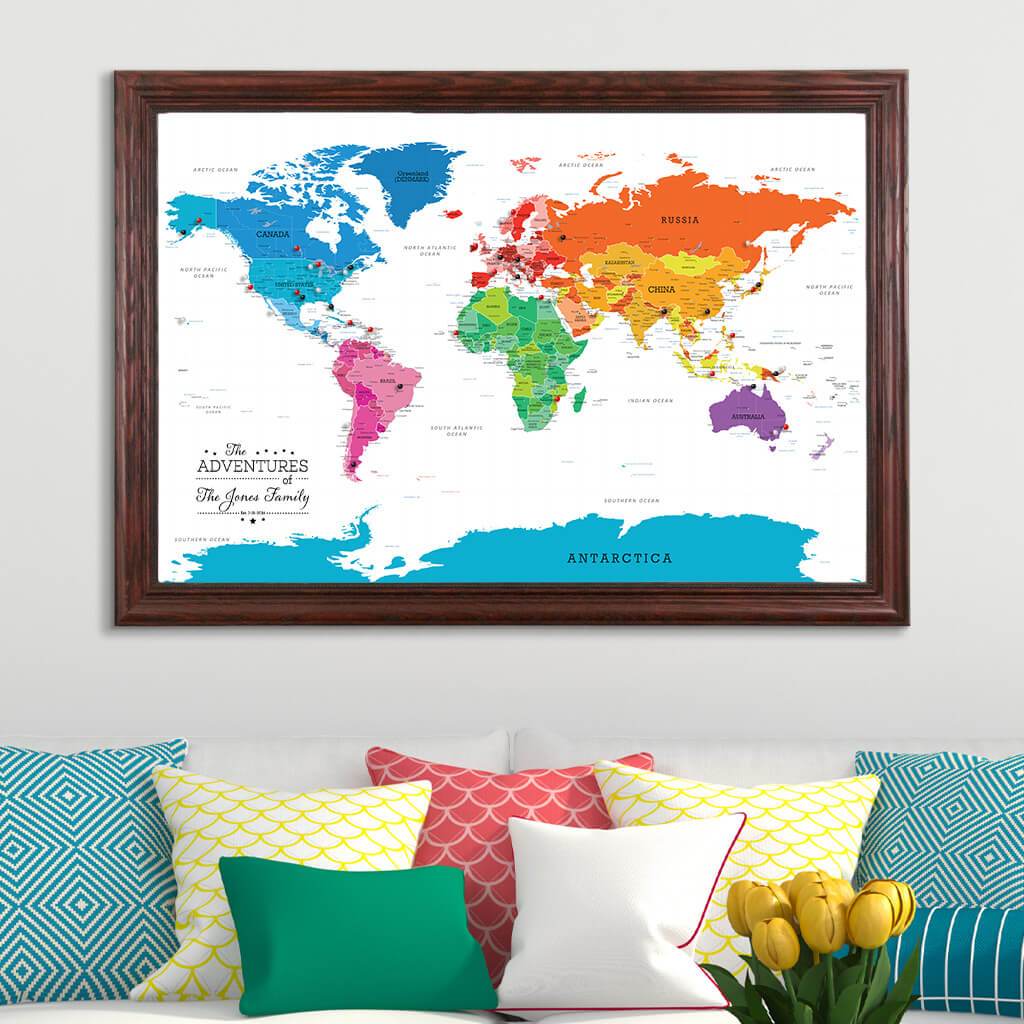 Canvas Colorful World Map Print with Pins Framed in Solid Wood Cherry Frame