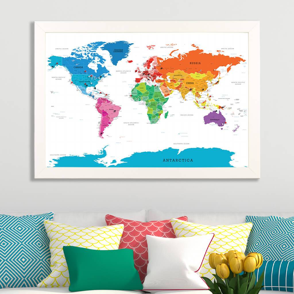 Colorful World Map on Canvas in Modern Textured White Frame