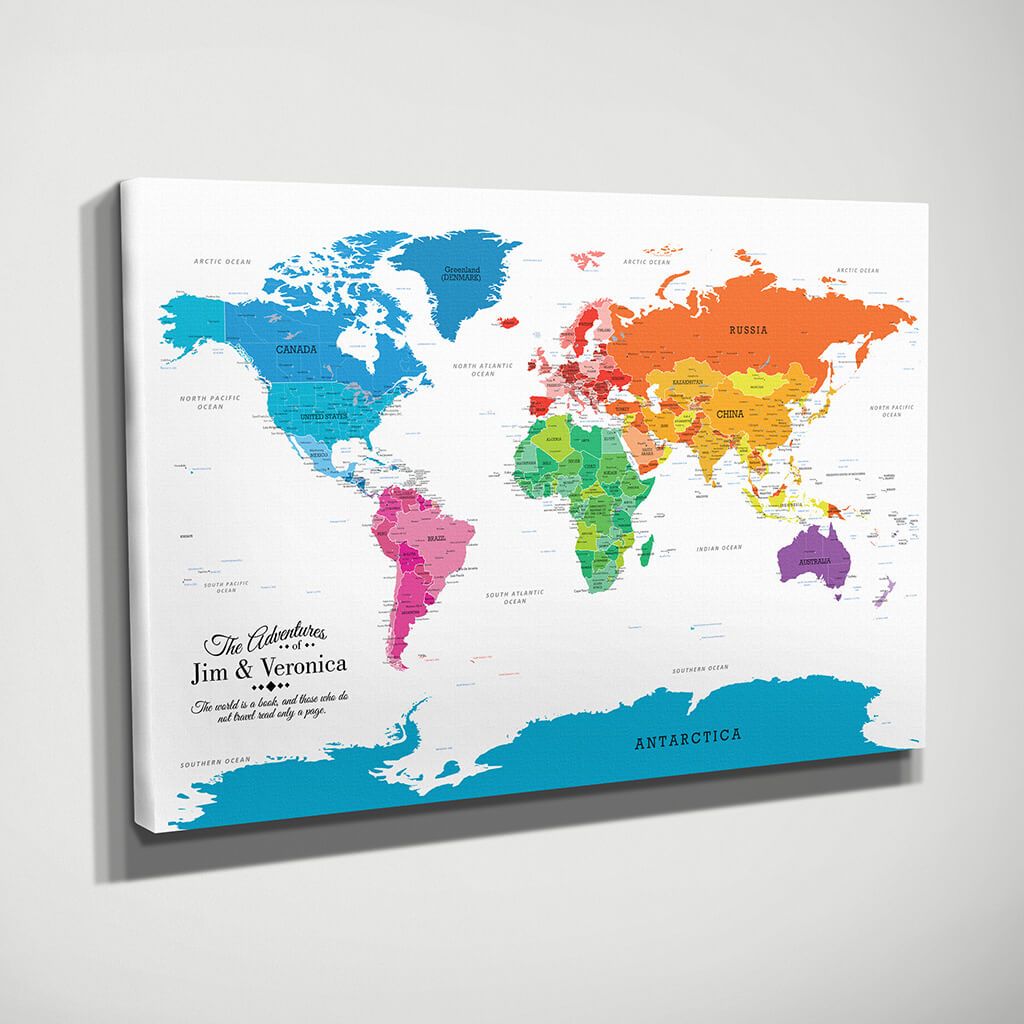 Gallery Wrapped Colorful World Push Pin Travel Map Side View