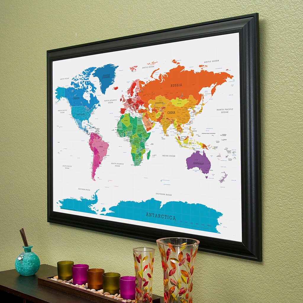 Framed Colorful World Travel Map viewed from the side